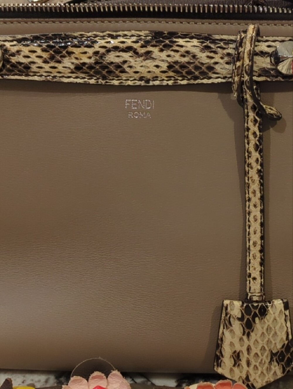 Fendi Taupe Leather Shoulder Bag with Snakeskin Accents